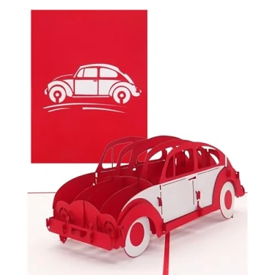 Image of Cologne Cards Greeting Card, 3D Pop Up Beetle in Red Birthday Card &amp; Gift for Driving License, Vehicle Themed with Filigree Car Model, Packaging Travel Voucher