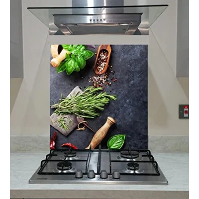 Image of Splash back, Tempered Glass Panel Kitchen Herbs and Spices on the Gray Background, Any Size, VA Art (wide 60 x height 75 /cm)