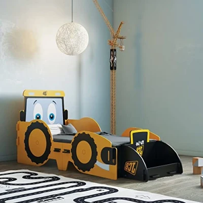 Image of JCB Children&#039;s Toddler Bed, Happy Beds Yellow Digger Kids Junior Bed 70 x 140 cm with Open Spring Mattress