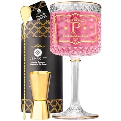 Image of Vemacity Personalised Gin Glass with Gold Rims + Your Choice of Initial (P) Large Glasses for Women Cocktail Spoon &amp; Jigger Recipe PDF Ideal Aperol Spritz Glass/Wine