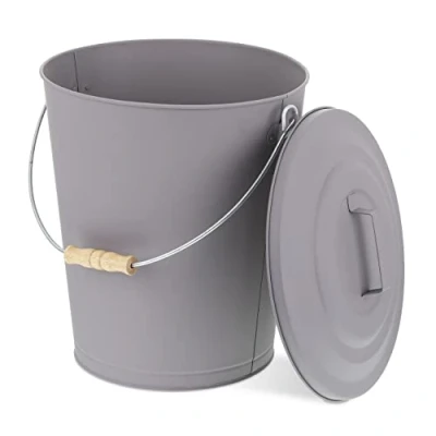Image of Relaxdays Ash Bucket with Lid, 90% steel 10% wood, Grey, 42 x 35.5 cm