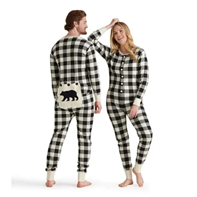 Image of Little Blue House by Hatley Union Suit Pajama Set, Cream Plaid, 6 12 Months