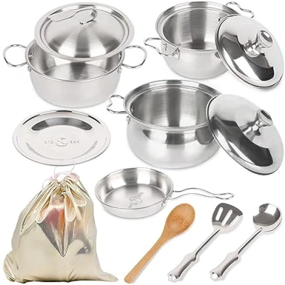 Image of Kids Play Kitchen Accessories with Pots and Pans Playset,Mini Stainless Steel Pretend Toys,Cooking Utensils Storage bag for Girls Boys