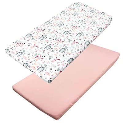 Image of TupTam baby fitted sheet children for bed cot pack of 2, Hedgehog/Rabbit/Pink, 60 x 120 cm