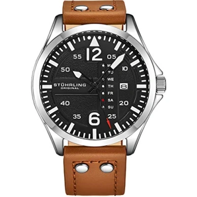 Image of Stuhrling Original Mens Analog Sport Aviator Watch, Quick Set Day Date, Casual Leather Strap