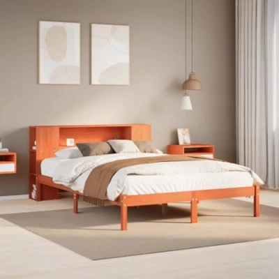 Image of vidaXL Bookcase Bed without Mattress Double Wax Brown Pinewood Storage Headboard, Space Saving Design, Optimal Support
