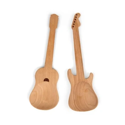 Image of Kikkerland Guitar Style Rockin Wooden Novelty Spoons, Long Handle Serving Utensils Set, Heat Resistant, Brush and Fork for Music Lovers, Set of 2