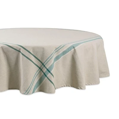 Image of DII French Stripe Tabletop Collection Farmhouse Style Dining Table Linen Tablecloth, 70&quot; Round, Taupe/Teal