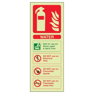 Image of V Safety Glow In The Dark Water Id Fire Extinguisher Sign 100mm x 280mm Rigid Plastic