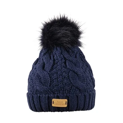 Image of Aran Traditions Knit Faux Fur Pom Bobble Hat (Navy), Navy Hat, Beanie, Winter Beanie Woolly Cable