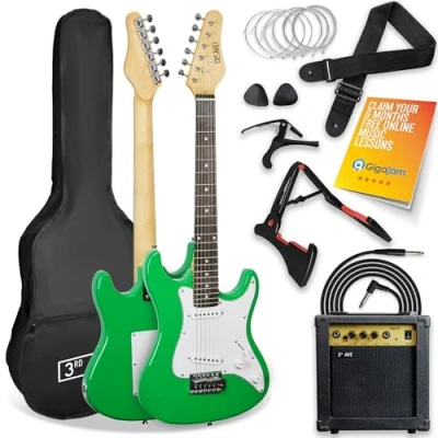 Image of 3rd Avenue XF 3/4 Size Electric Guitar Ultimate Kit with 10W Amp, Cable, Stand, Gig Bag, Strap, Spare Strings, Picks, Capo Green