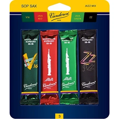 Image of Vandoren SRMIXS3 Soprano Sax Jazz Reed Mix Card includes 1 each ZZ, V16, JAVA and Red Strength 3