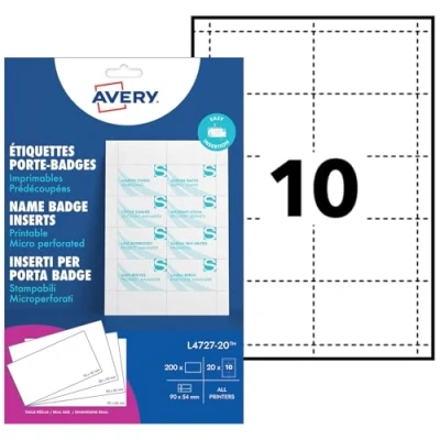 Image of Avery L4727 20 Printable Name Badge Insert Refills (90 x 54 mm Inserts) White, Pack of 200