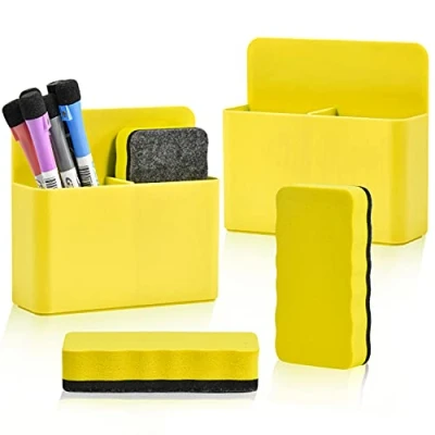 Image of 2 Pack Magnetic Dry Erase Marker Holder, Whiteboard Eraser, Magnet Pen Holder Organizer for Whiteboard, Pencil Cup Storage School, Office, Fridge, Yellow