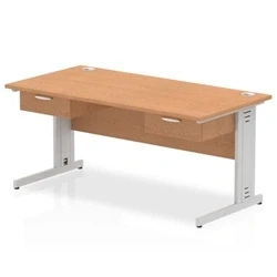 Image of Impulse 1600x800 Desk Oak/Silver Cable Managed 2x1 Drawer Fixed Peds