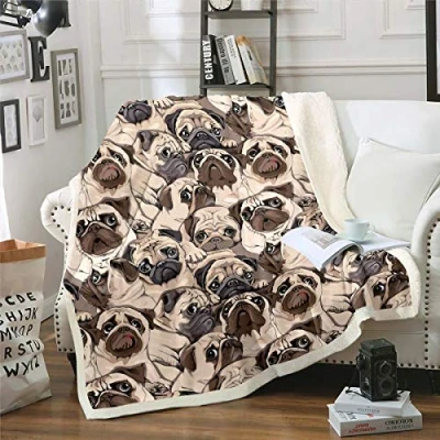 Image of Kids Cute Dog Fleece Blanket Cartoon Pug Sherpa Throw for Sofa Couch Brown Animal Theme Plush Pet Puppy Pattern Fuzzy Room Decor Flannel Baby 30&quot;x40&quot;