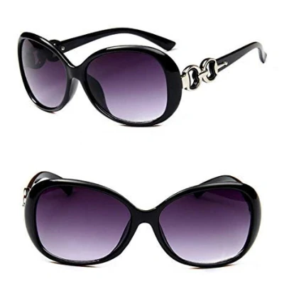Image of Ladies Vintage Sunglasses Oversized Round Frame Retro Designer Shades Silver Arm Oversize Eyewear Classic Fashion Style (Black)