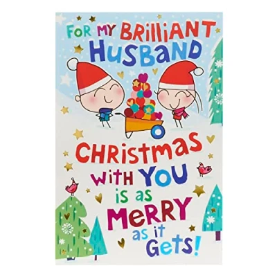 Image of UK Greetings Christmas Card with Envelope Sweet Design Cartoon Couple and Scene, Multi