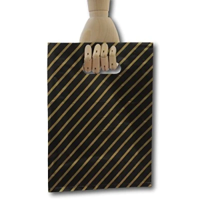 Image of EPOSGEAR® Small Black and Gold Striped Gift Shop Boutique Punch Handle Plastic Carrier Bags 7&quot; x 10&quot; (180mm 250mm) (500)