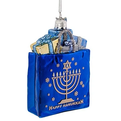 Image of Kurt Adler 4&quot; Noble Gems Happy Hanukkah Glass Gift Bag Ornament