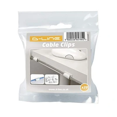 Image of D Line, 20 x White Cable Tidy Clips Low profile Self Adhesive Management Solution for Holding Phone Chargers &amp; String Lights Size: 26mm (L) 15mm (W) 8mm (H)