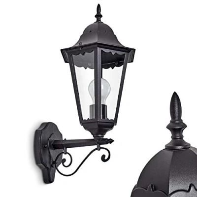 Image of wall lamp Hong Kong, upwards in antique look, cast aluminium, matt black with clear glass panes, light E27 socket, retro/vintage outdoor for terrace and courtyard, without bulb