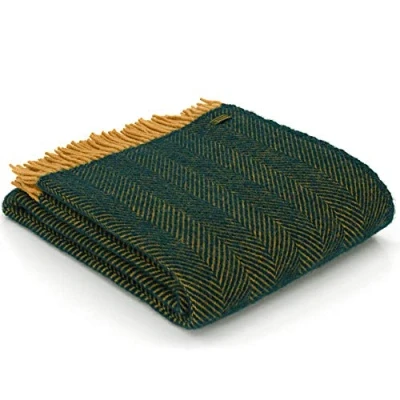 Image of Tweedmill Textiles 100% Pure New Wool Herringbone Throw, Emerald/Mustard, 150x180cm