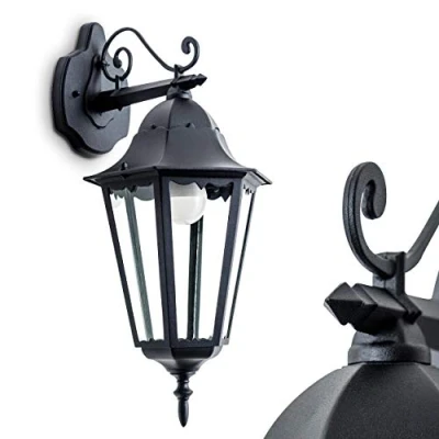 Image of Wall lamp Hong Kong, downwards in Antique Look, cast Aluminium matt Black with Clear Glass panes, Light E27 Socket, Vintage Outdoor for Patio and Courtyard, Without Bulb