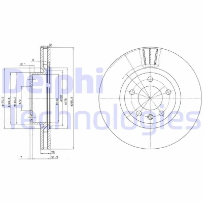Image of 9027133 Brake disc DELPHI BG2742 296mm 28mm 5 Vented Oiled VAUXHALL: Omega Saloon, Senator Mk2, Carlton Mk3 Limousine