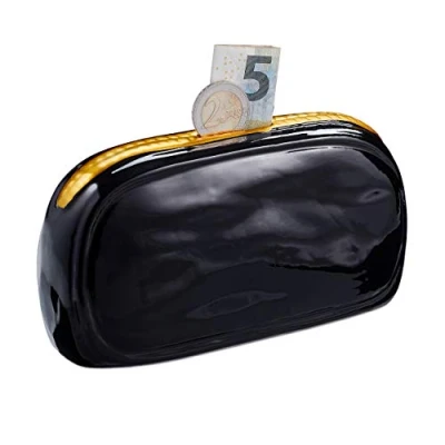 Image of Relaxdays Purse Savings, Ceramic Wallet Money Box for Girls and Ladies, Piggy Bank, Black/Gold, H x W D: app. 8 16 6 cm