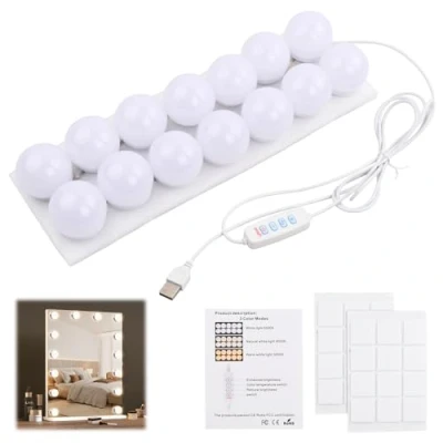 Image of Pagezol 14 Bulbs Hollywood Style LED Makeup Lights with USB Cable, Vanity Mirror Kits, 3 Colour Changing &amp; 9 Level Brightness, Make up Light for Dressing Table Room, Bathroom, Bedroom