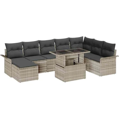 Image of vidaXL 9 Piece Garden Sofa Set with Cushions Light Grey Poly Rattan
