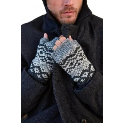Image of Pachamama Men Wool Hand Wrist Warmers Fleece Lined Handknitted Fairisle One Size Handmade Thumbslot Thermal Extra Warm Fair Trade (Charcoal, Size)