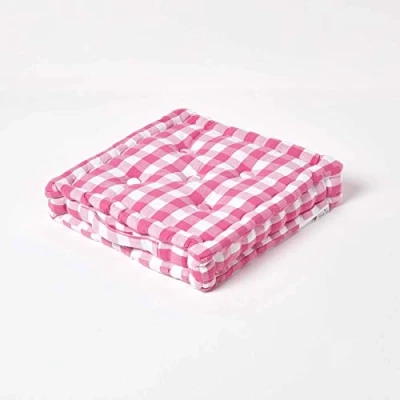 Image of HOMESCAPES Pink and White Gingham Floor Cushion Block Check Pattern 100% Cotton Pad 40 x 8cm Square Outdoor Garden or Indoor Dining Chair Booster Seat