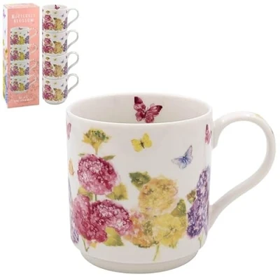Image of Lesser &amp; Pavey Butterfly BLS Stacking Mugs Set of 4 Coffee for Home or Work Premium Design All Occasions Lovely Tea, Hot Drinks Jennifer Rose Gallery