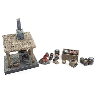 Image of War World Gaming Fantasy Village Blacksmith Forge &amp; Street Market Set 28mm Heroic Scale Wargaming Terrain Model Diorama Scenery Wargame Tabletop Medieval Battle Battleboard