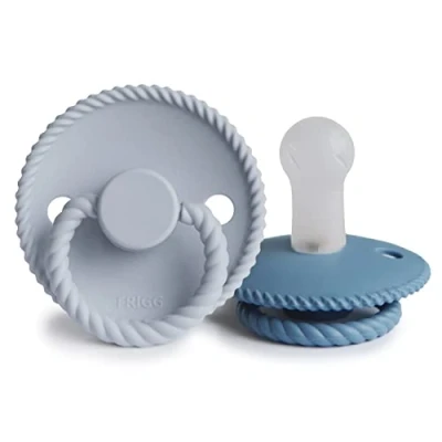 Image of FRIGG Rope Silicone Pacifier Pack of 2 Soother Dummy BPA Free Made in Denmark Symmetrical Cherry Shaped Nipple (Ocean View/Powder Blue (6 18 Months))