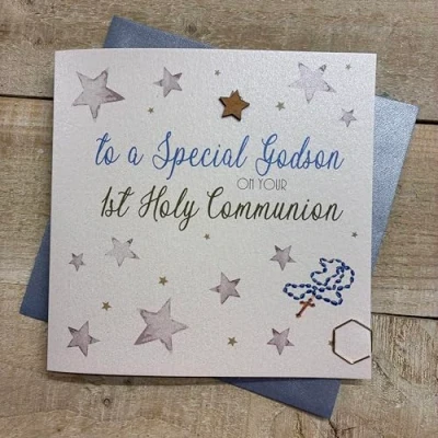 Image of 1st Communion To a Special Godson Congratulations Card Blue Holy Bible