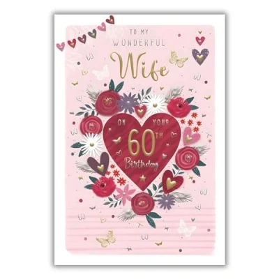 Image of Wife 60th Birthday Card Age 60 Love Heart, Flowers and Butterflies Special Finishes Made in the UK