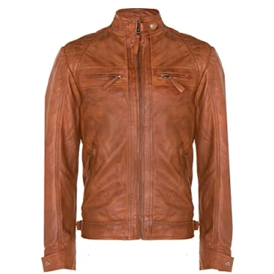 Image of Men&#039;s Vintage Brown Leather Retro Jacket Classic Racing Quilted Biker Moto Fashion 3XL