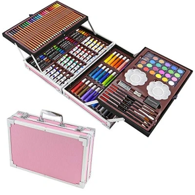 Image of Taylor &amp; Brown 145 Piece 2 Layers, Kids Art Set Studio Supplies for Drawing, Painting, Portable Aluminum Case Kit Kids, Teens, Adults Great Gift Beginner and Serious Artists (Pink)