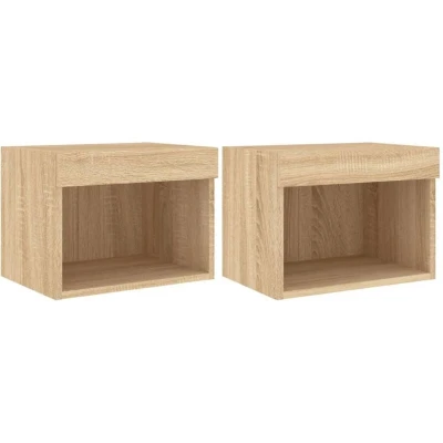 Image of vidaXL Bedside Cabinets with LED Lights Wall mounted Cabinet 2 pcs Sonoma Oak