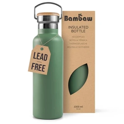 Image of Bambaw Insulated Water Bottle 1l, Green Bottle, Stainless Steel Leakproof Metal Thermos Sage