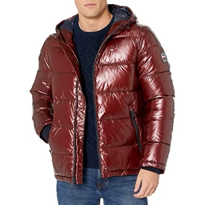 Image of Tommy Hilfiger Men&#039;s Hooded Puffer Jacket Down Alternative Coat, Pearlized Red, M