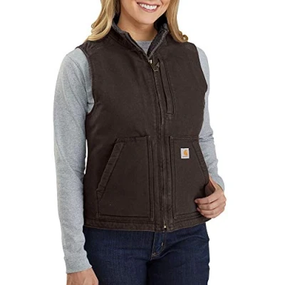 Image of Carhartt Women&#039;s Relaxed Fit Washed Duck Sherpa Lined Mock Neck Vest, Dark Brown, XS