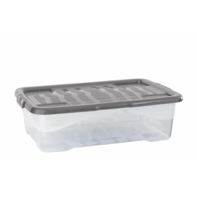 Image of Strata 3 x 30 Litres Curve Plastic Stackable storage box &amp; Lid with clip on lids, Pack, Multi for home and office solution Clear Box, Grey Lid, (17cm H 40cm W 60cm D)