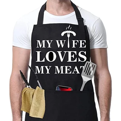 Image of Novelty Funny Apron Men Women Chef Cooking Kitchen Bib BBQ Gifts Baking For Him Sexy Prank Xmas Husband Friends Birthday 40TH 50TH 60th DadRude Boyfrined Christmas (My Wife Loves My Meat)