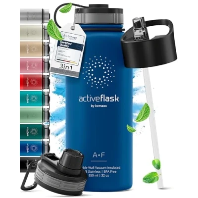 Image of Stainless Steel Water Bottle with Straw &amp; 3 Lids: 1 0,5L Leak Proof BPA Free Vacuum Insulated ACTIVE FLASK Drinking Bottles Hot Cold: Double Walled Outdoor Drink Thermo Mug Tea Coffee Sport Gym Bike
