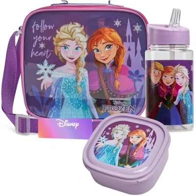 Image of Get Trend Disney Frozen Lunch Bag Set for Kids 3 Pcs with Snack Box BPA Free 400ml Water Bottle Insulated Travel Picnic Nursery School Supplies (Frozen)