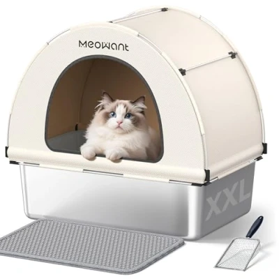 Image of MeoWant Cat Litter Box Stainless Steel, Enclosed Pan for Big with Cloth Cover Canopy, Never Absorbs Odor, Non Stick Surface, XXL Extra Large Tray, Detachable, Easy Clean, White